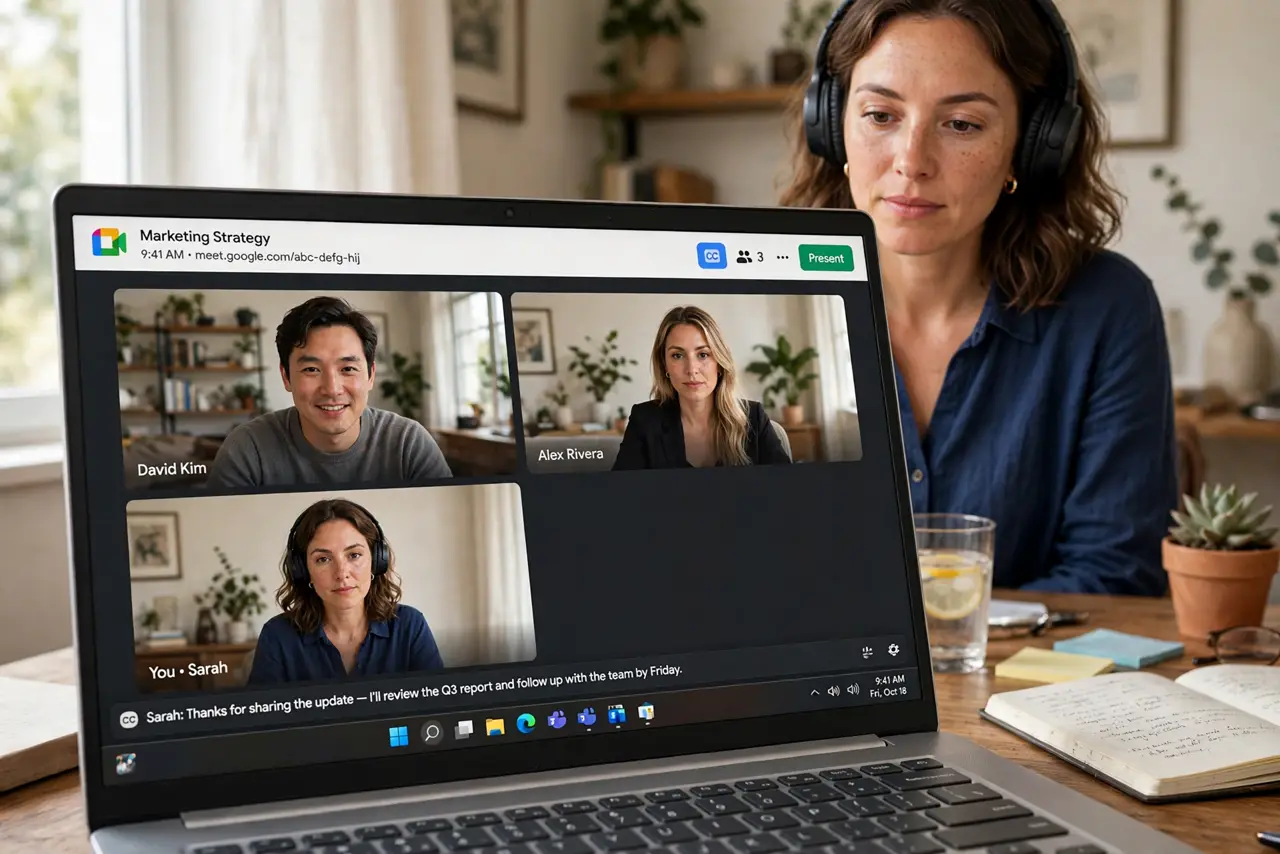 A person in a real video meeting on a real laptop with live captions showing legible text at the bottom of the Meet window, the person's face attentive, home…