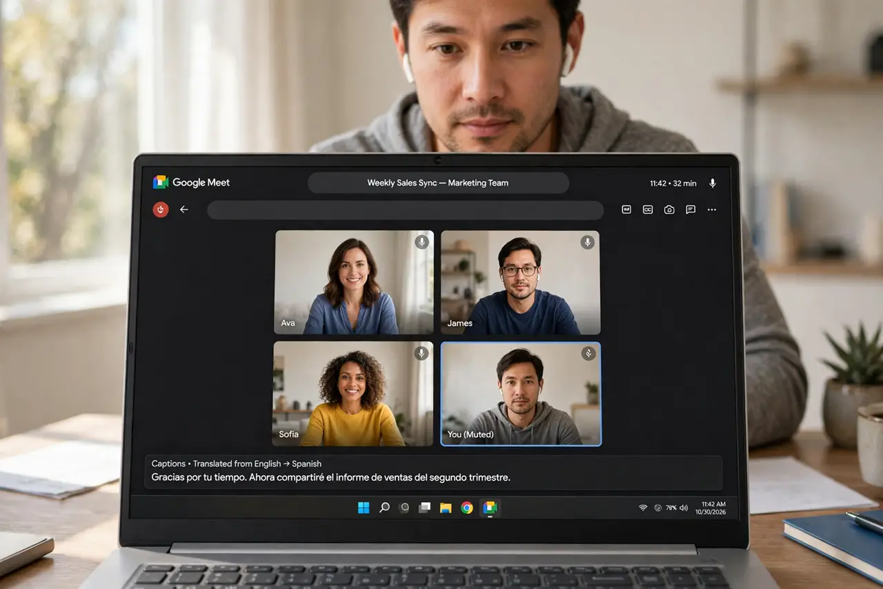 a person on a real laptop in a home office, a Google Meet call showing translated captions at the bottom, the person wearing earbuds, face attentive. No black screen, no blank whit.