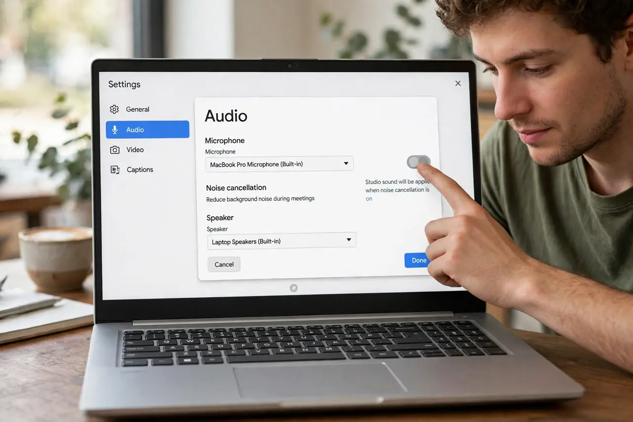 A person carrying out step one: turn it on in audio settings.
