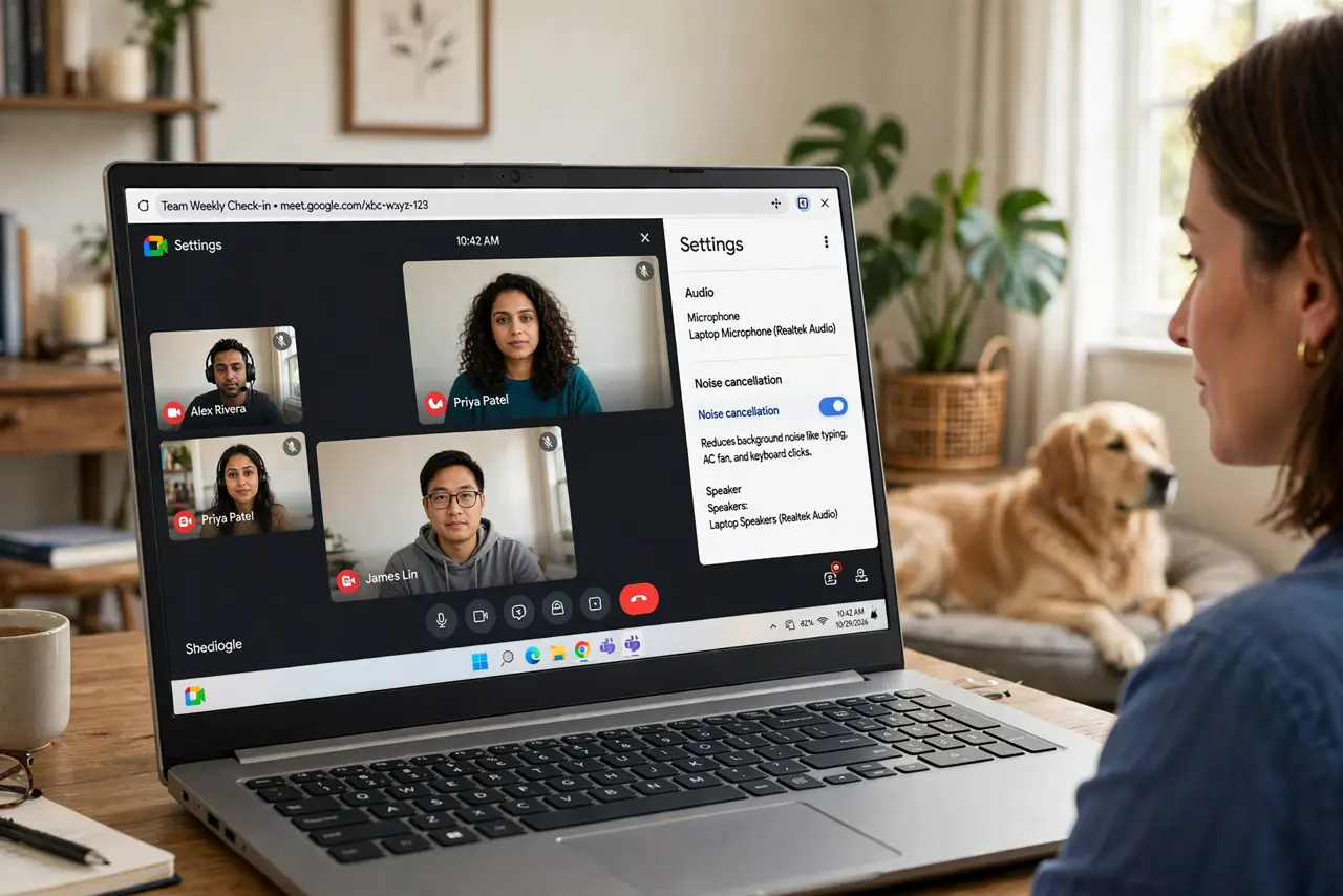A person in a real video meeting on a real laptop with a dog visible in the background, the Meet settings panel showing noise cancellation options legible, the…