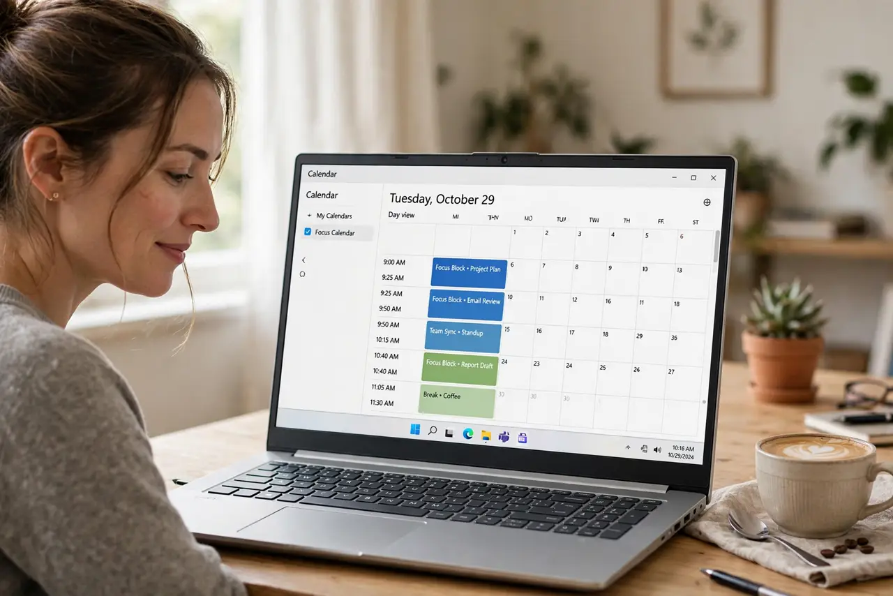 a person glancing at a real laptop calendar showing 25-minute meeting blocks with legible times, a coffee cup beside it, the person's face relieved, home office.