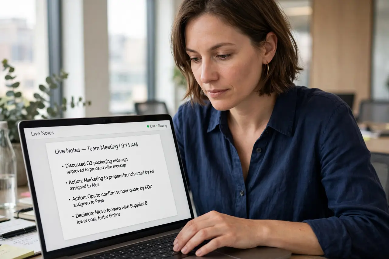A person performing the first step of the guide: Capture items during the meeting.