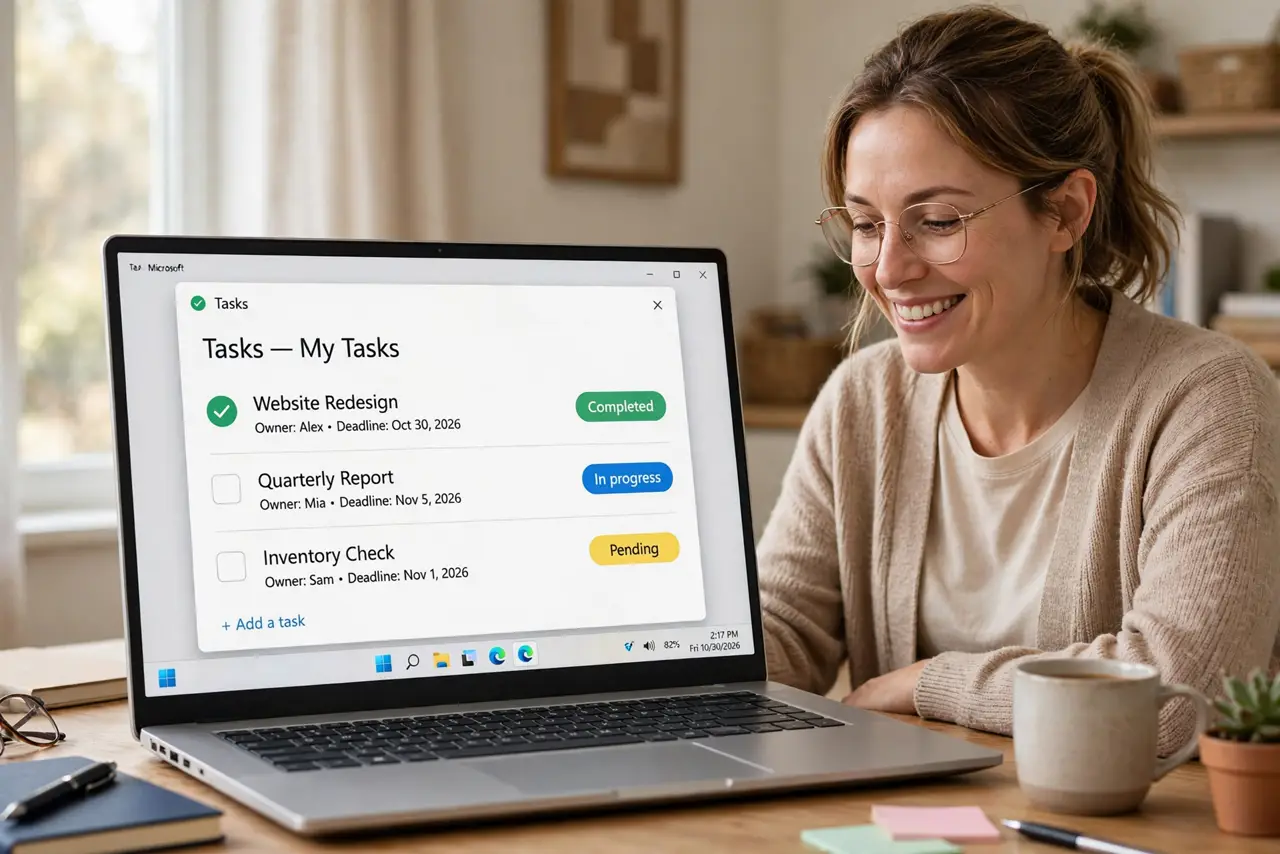 a person reviewing a real laptop showing a task list with assigned owners and legible deadlines, the person's face satisfied, home office.