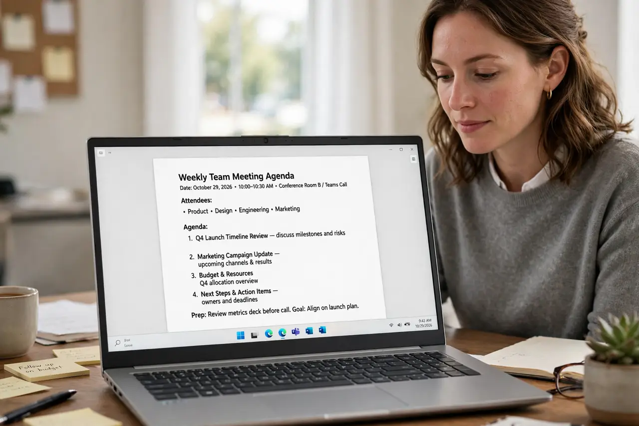 a calm adult at a desk with a real Windows laptop showing a normal one-page meeting agenda document with legible headings, the person reviewing it before a call