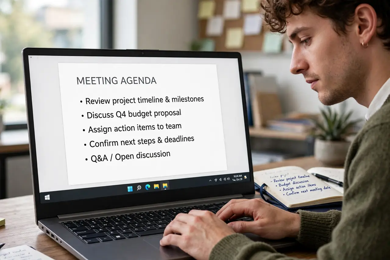 a person typing a real meeting agenda on a laptop with legible bullet points, a notebook beside them, the person's face focused, office.
