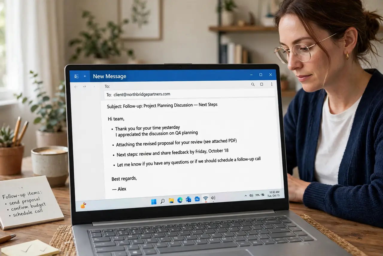 a person composing a follow-up email on a real laptop with a clear bullet list legible, the person's face diligent, home office.