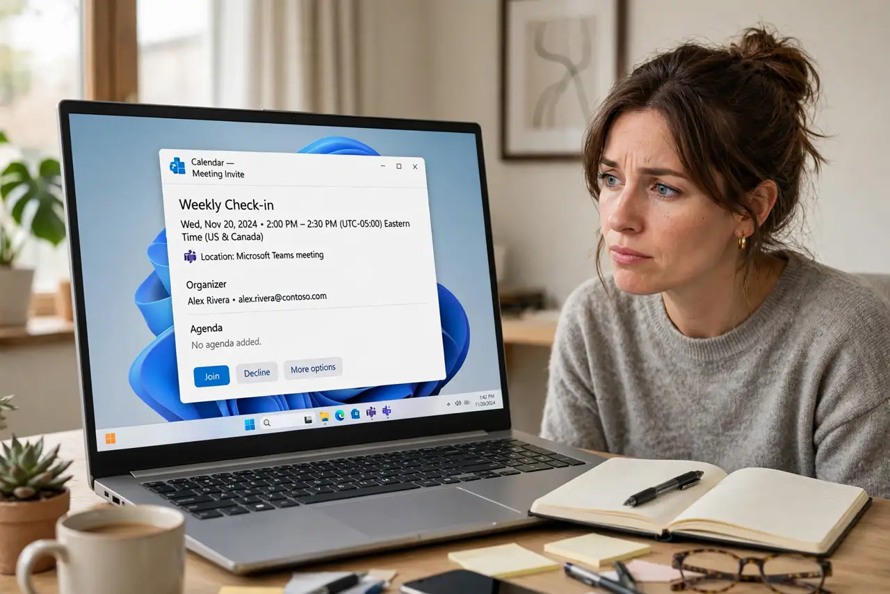 a person at a desk looking at a real laptop showing a calendar invite with no agenda, the person's face skeptical, notebook ready, home office.