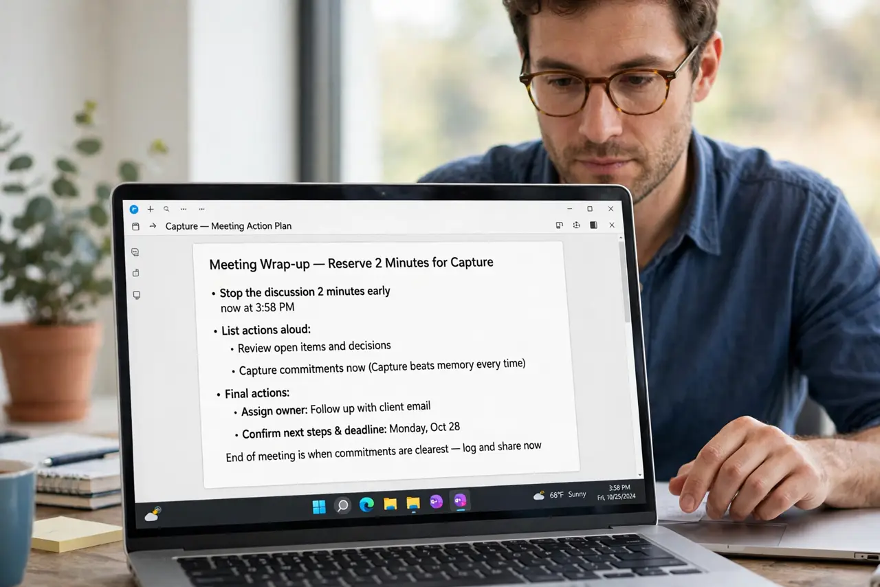 A person performing step 1 of the guide: Reserve the last two minutes for capture. Stop the discussion two minutes early and list the actions aloud. Capture beats memory every...
