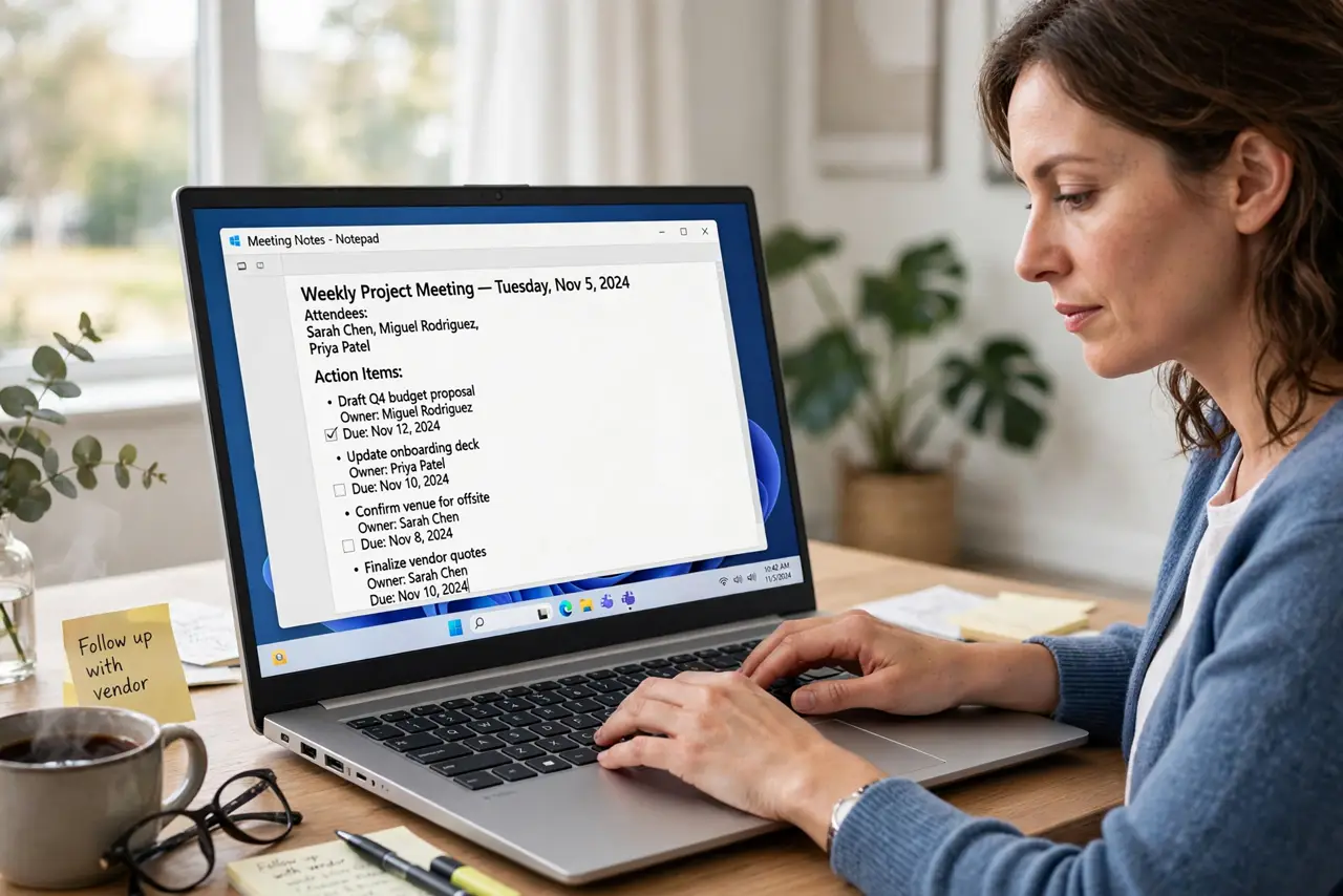 a calm adult at a desk with a real Windows laptop showing a normal meeting notes document with legible action items and names, the person typing the final items