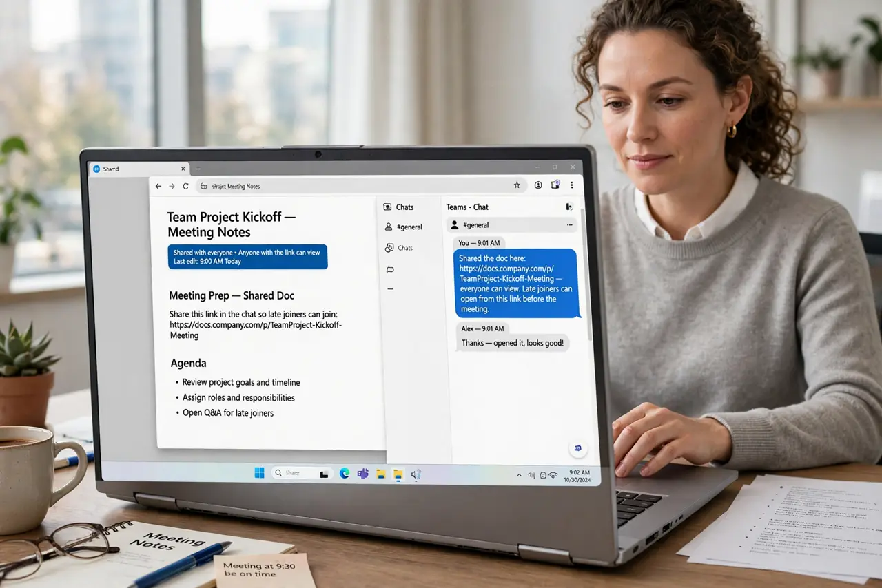 A person performing the first step of the guide: Open a shared doc before the meeting.