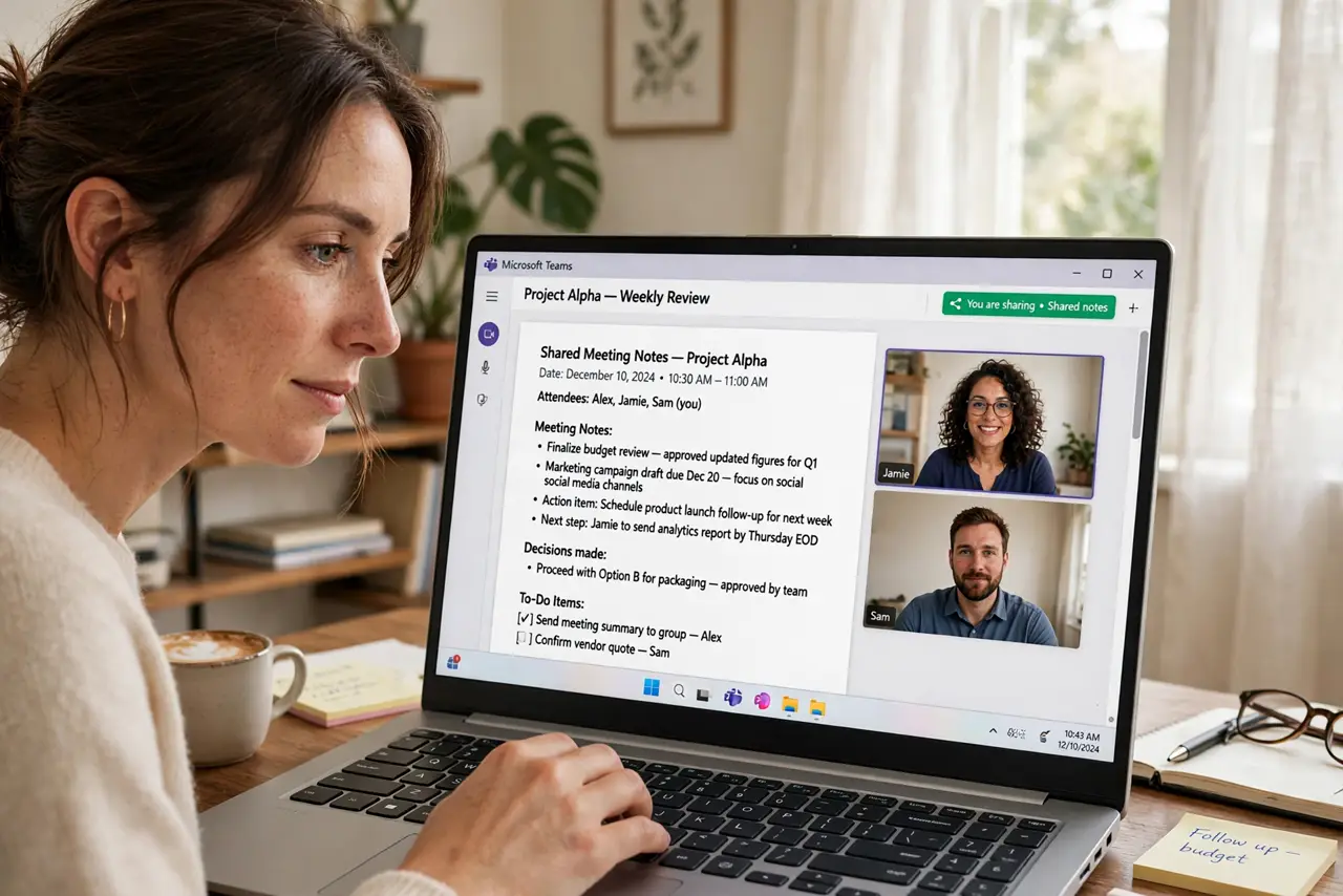 a person typing meeting notes on a real laptop during a video call, the shared notes document legible on screen, the person's face attentive, home office.
