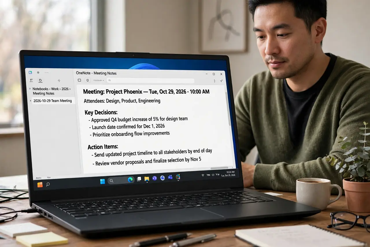 a calm adult at a desk with a real Windows laptop showing a notes app on the real screen with a meeting note open, text legible. No black screen, no blank white