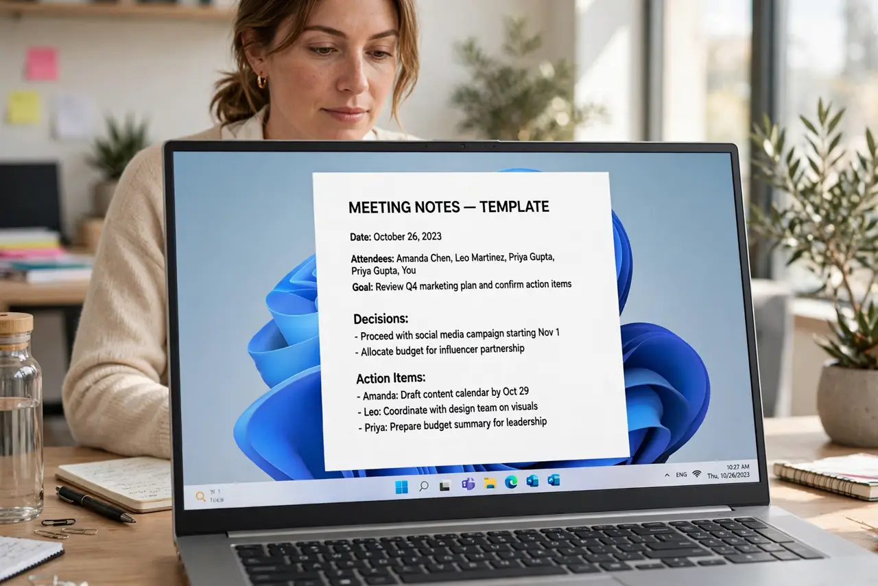 Photoreal photo of a person performing the first step: Start from a fixed template. Every note gets the same skeleton: date, attendees, goal of the...