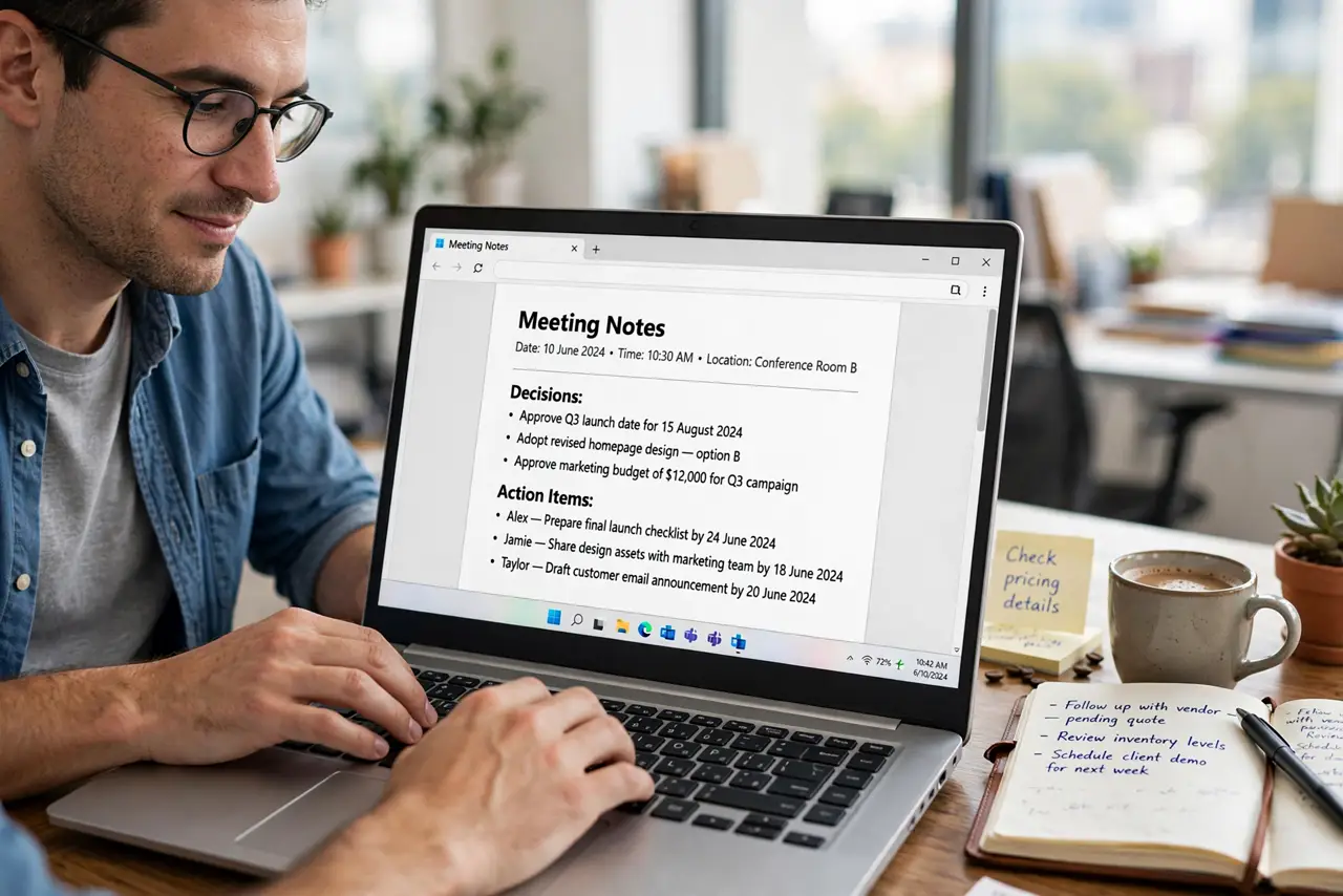 Photoreal photo: a person typing meeting notes on a real laptop showing a clean notes document with headings like Decisions and Action Items legible on screen, a notebook beside it, the person's face attentive, bri...