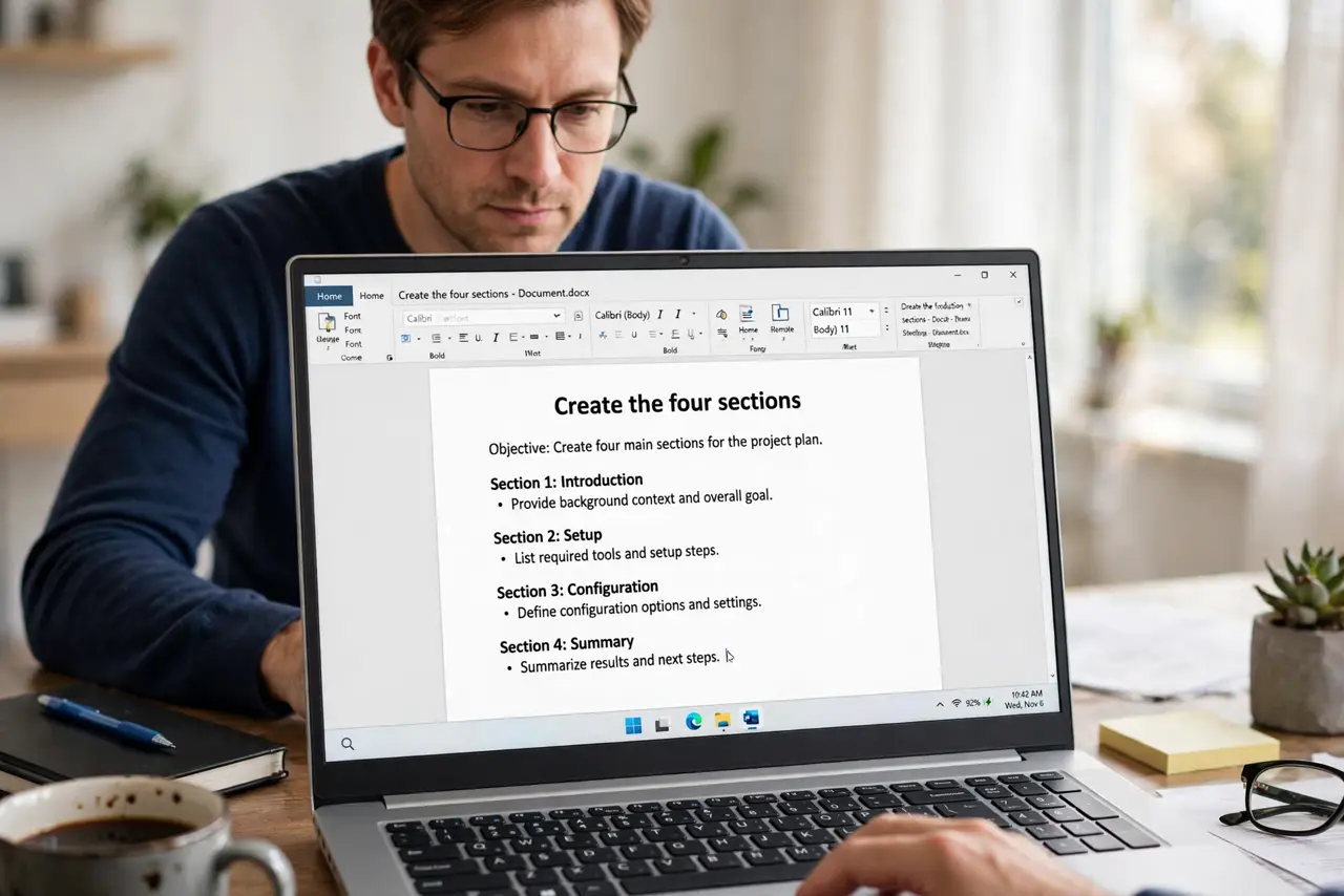 Step 1 in action for A Meeting Notes Template That Gets Used: Create the four sections.