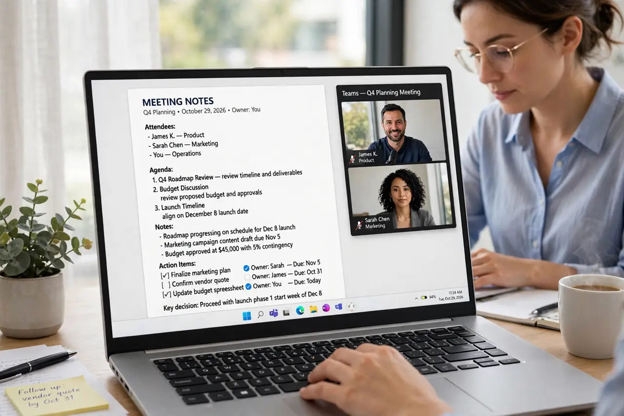 A Meeting Notes Template That Gets Used — a calm professional filling a simple meeting notes template on a real laptop during a video call, the notes wi