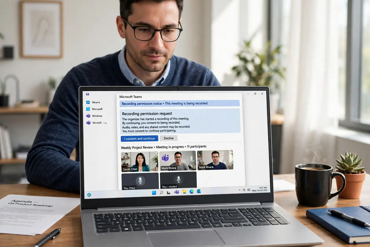 a calm adult at a desk with a real Windows laptop showing a meeting app on the real screen with a recording permission notice visible. No black screen, no blank