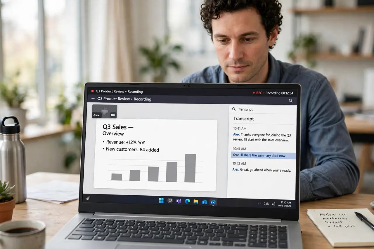 a calm adult at a desk with a real Windows laptop showing a meeting app on the real screen with a recording and transcript panel visible. No black screen, no bl