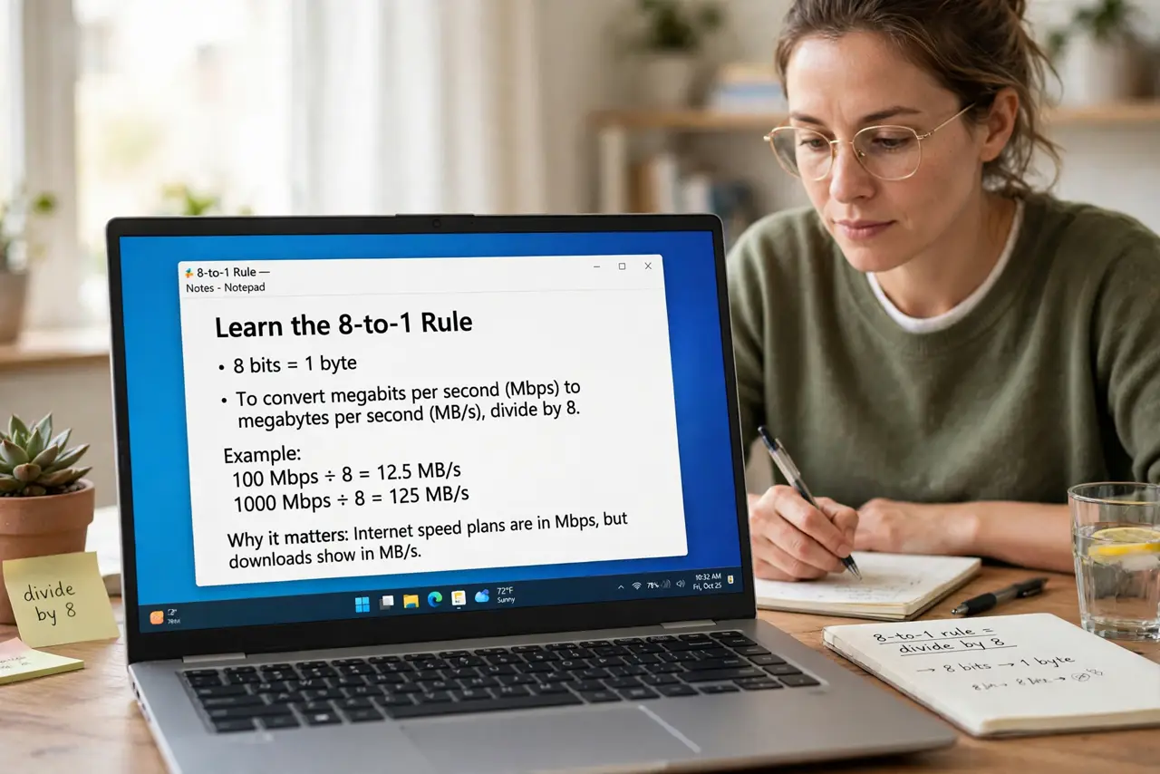 A person performing step 1: Learn the 8-to-1 rule. Eight bits make one byte, so divide the plan's megabits by 8 to get the megabytes-per-s.