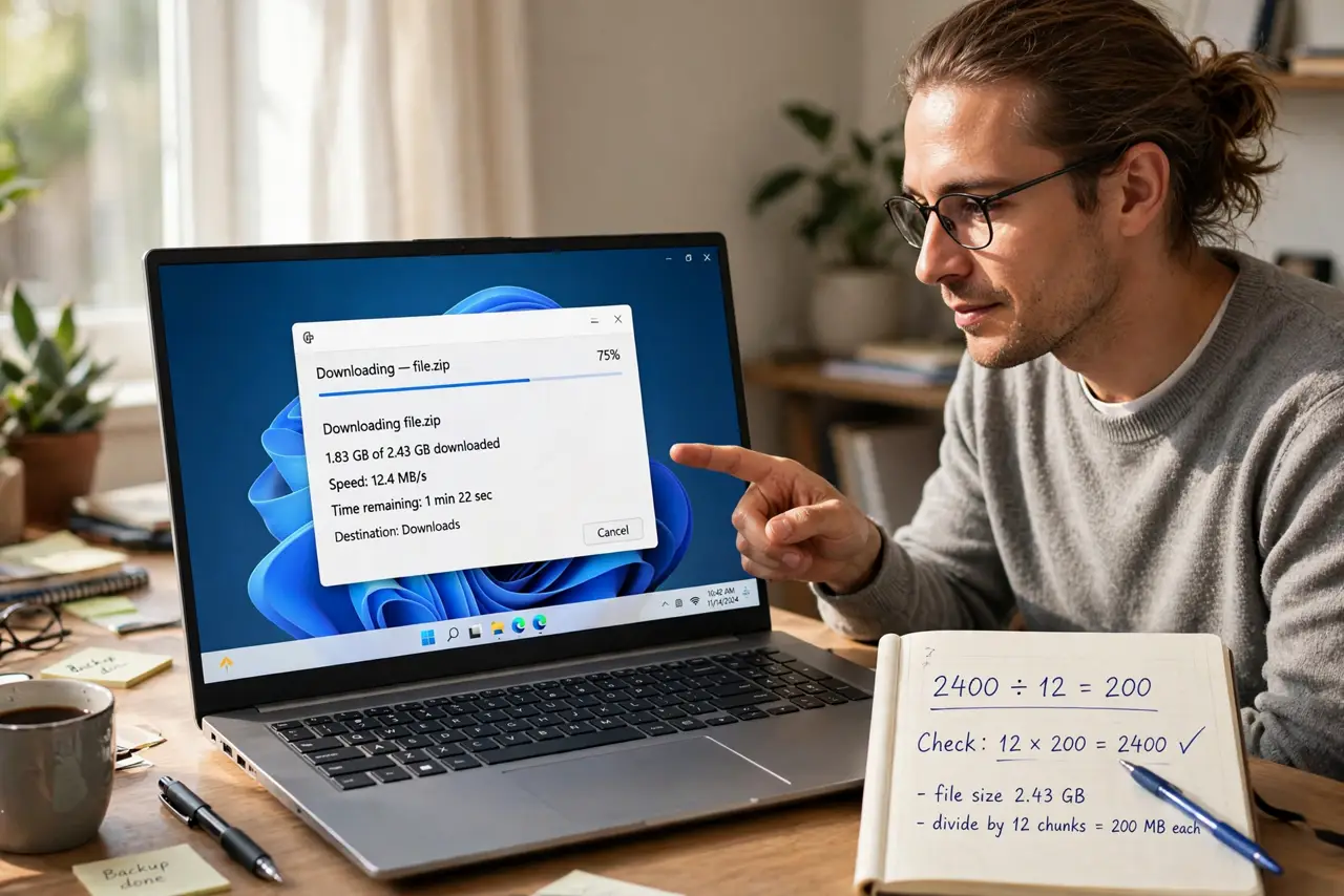 A person at a desk pointing at a real laptop showing a download progress window with speed figures legible, a notebook with a simple division calculation beside them,.