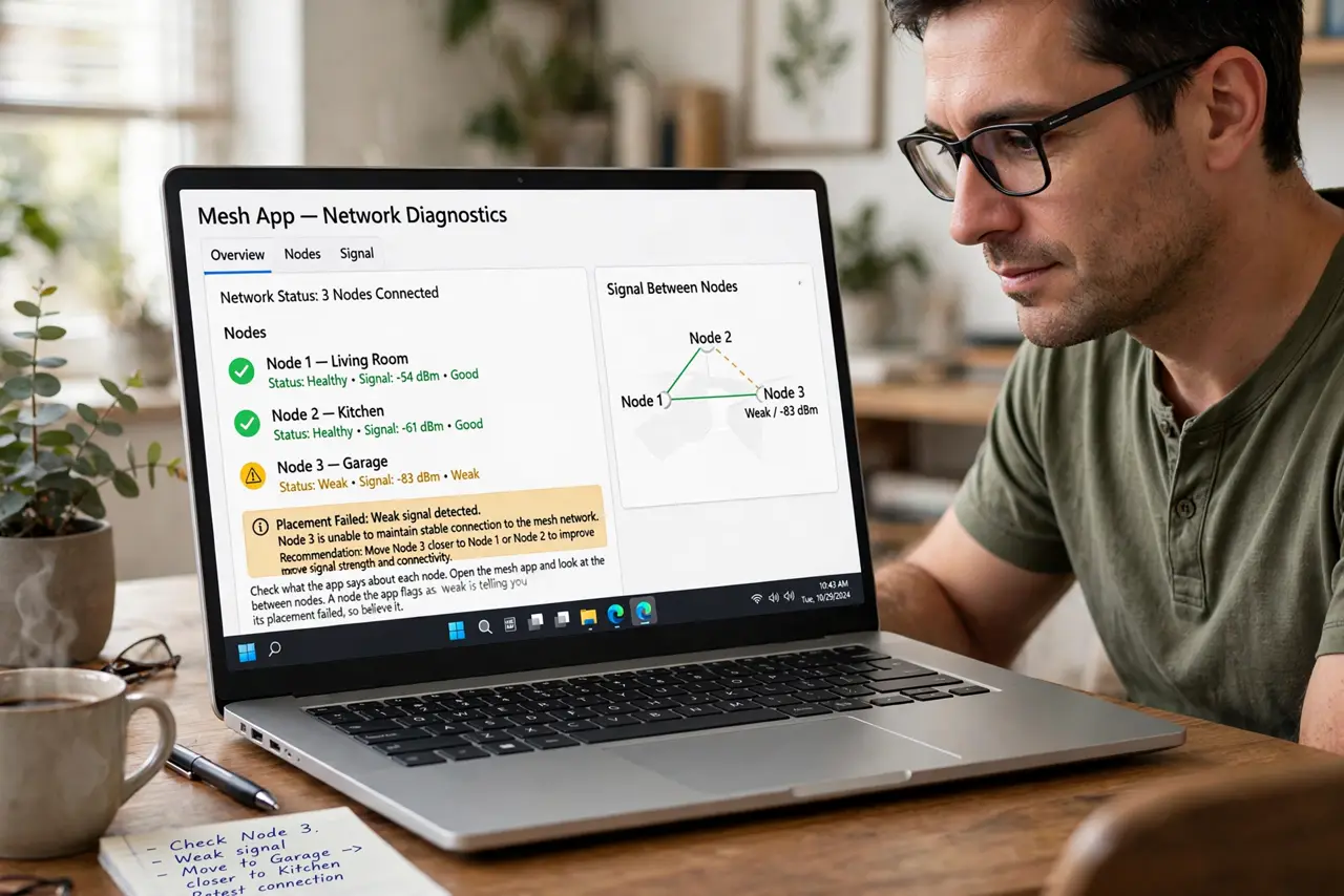 A person performing step 1 of the guide: Check what the app says about each node. Open the mesh app and look at the signal between nodes. A node the app flags as weak is telling you its placement failed, so believe it.