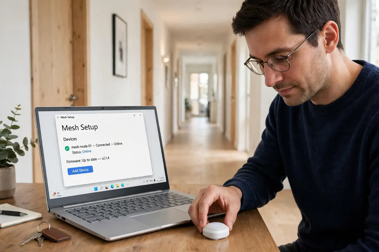 a calm adult placing a small real mesh node on a hallway table, the node clearly visible, a long hallway stretching behind. No black screen, no blank white screen, no fake or garbled screen text.