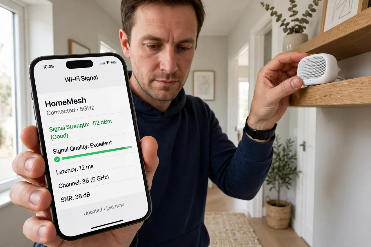 a person placing a real mesh Wi-Fi node on a shelf in a hallway, a phone showing a Wi-Fi signal app with legible readings, the person's face focused, home in...