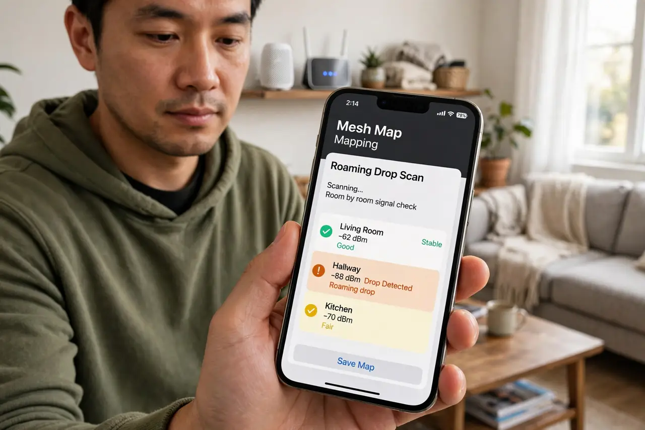Photoreal photo of a person performing the first step: Map where the drops actually happen. Walk around with your phone and note where calls stutter o