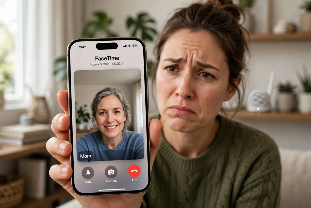 Photoreal photo: a person holding a real iPhone showing a video call with legible interface in a living room, a small mesh Wi-Fi node visible on a shelf behind, the person's face slightly frustrated then relieved. No black screen, no