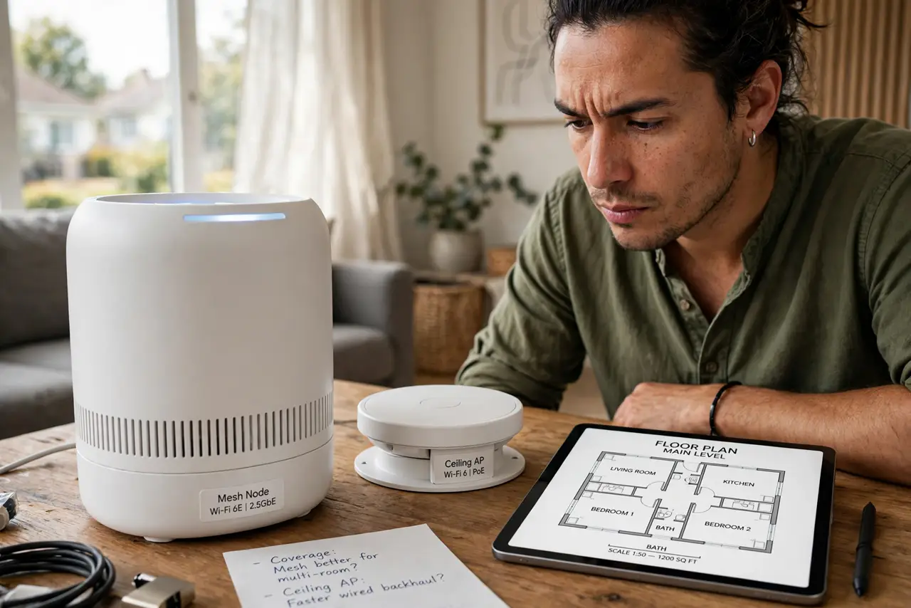 a person comparing a real mesh node and a real ceiling-mounted access point on a table, house floor plan on a tablet beside them, the person's face weighing the choice, living room.