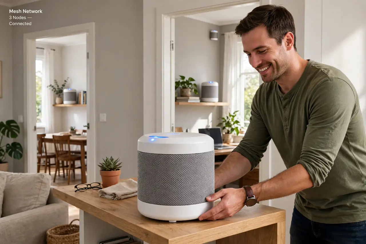 Mesh vs Extender: The Real Difference — a person placing a real mesh node on a living room shelf, two more nodes visible in other rooms through doorwa