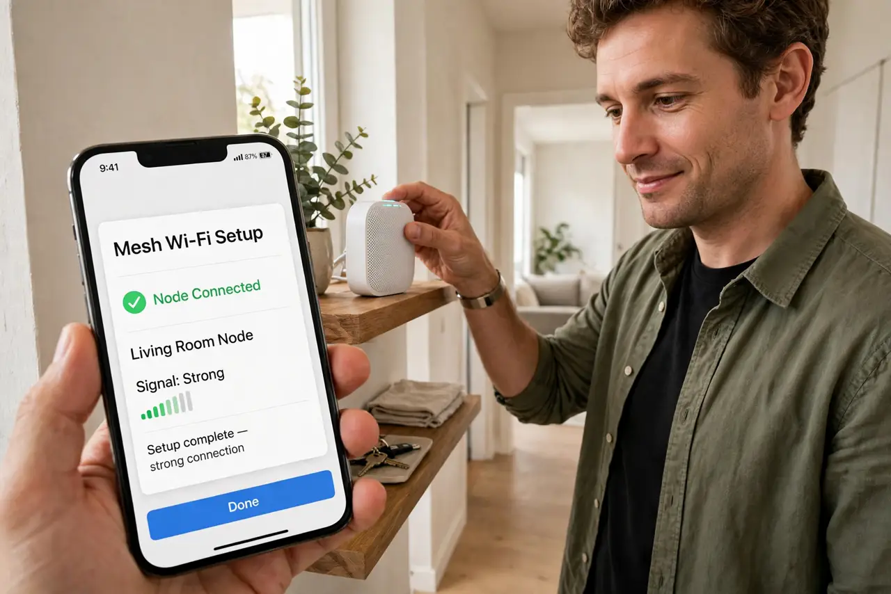 a person placing a real mesh Wi-Fi node on a hallway shelf, a phone in hand showing strong signal bars, the person's face satisfied, home interior.