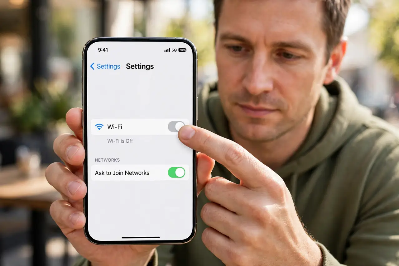 Person performing step 1: Toggle Wi-Fi off and on. Beside the near node, turn Wi-Fi off and on on the device. A fresh join usually picks the nearest node, while...