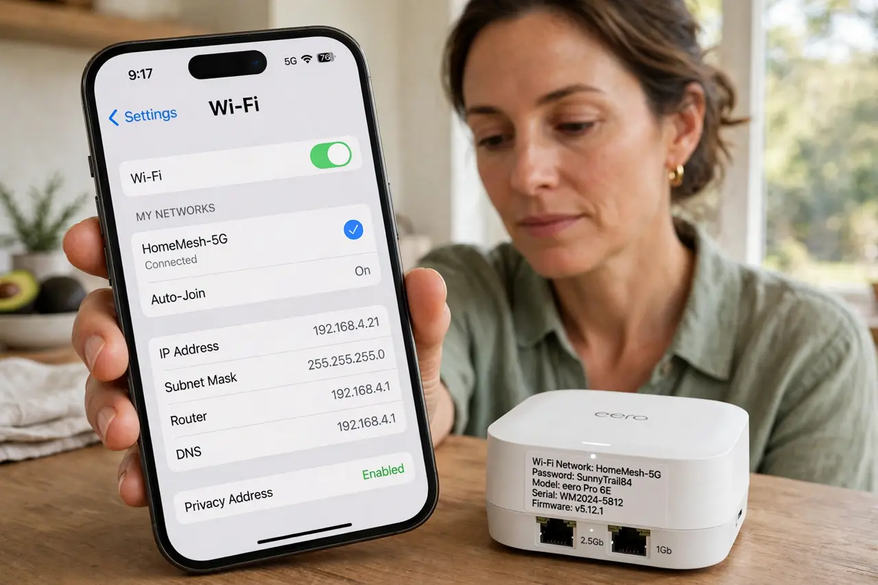 Photorealistic photo: A calm adult holding a real phone beside a real mesh Wi-Fi node, the real Wi-Fi details visible complete and legible, the person checking calmly.