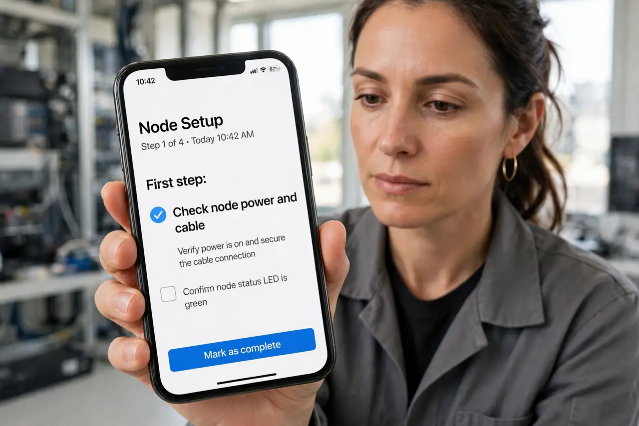 Person performing step 1: Check node power and cable. Confirm the node power adapter is firm and the node lights show normal. A loose adapter causes offline...