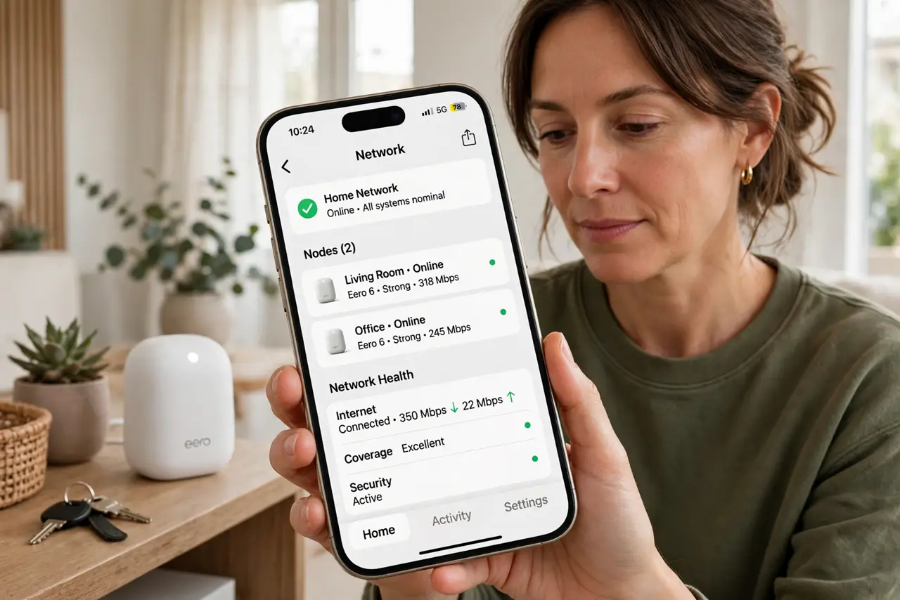 Photorealistic photo: A calm adult near a real mesh Wi-Fi node, the real mesh app visible complete and legible on a phone showing node status, the person checking calmly.