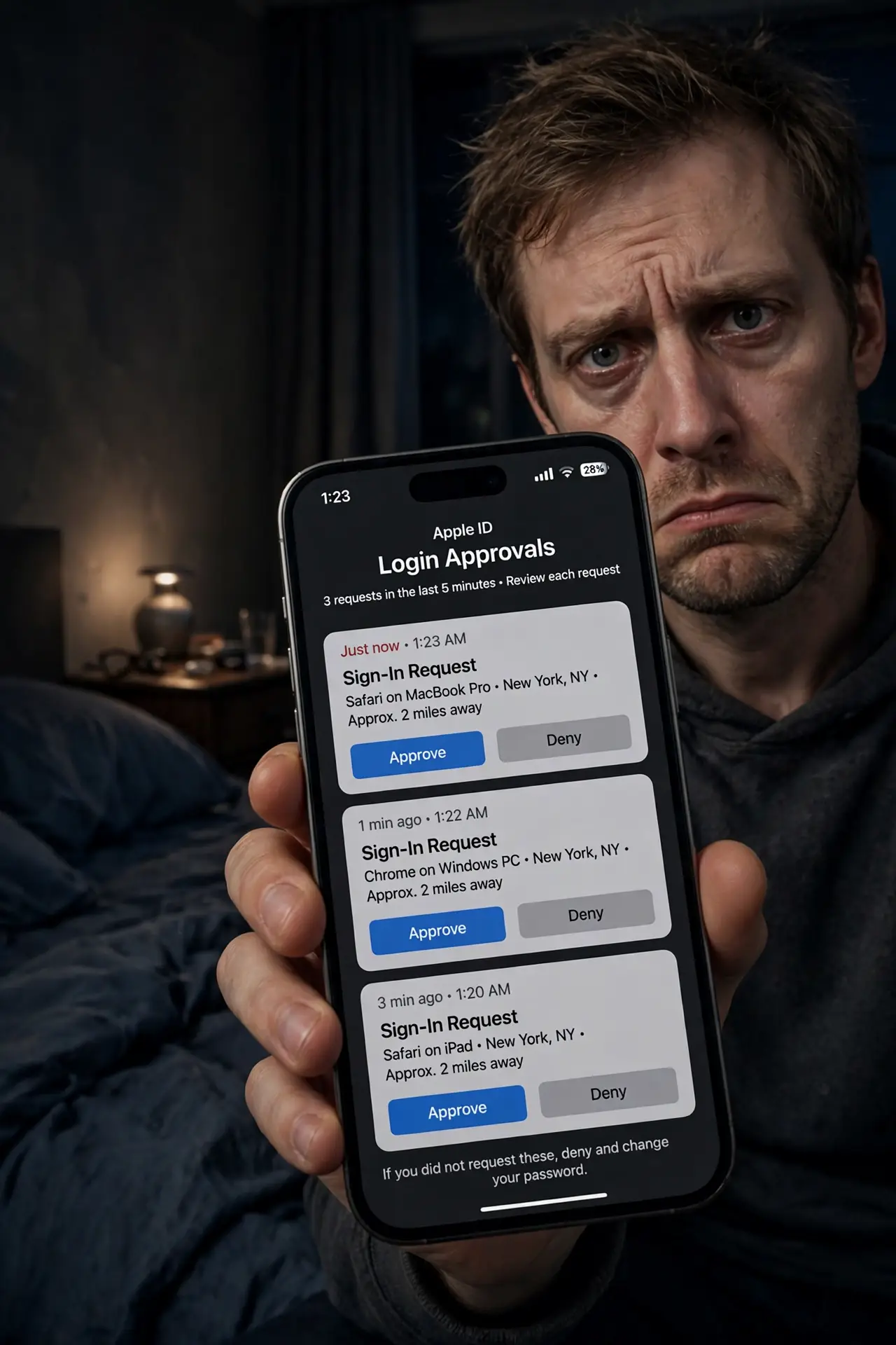 A tired adult at night holding a real phone showing repeated login approval prompts fully legible, the person's face annoyed and alert, dim bedroom light.