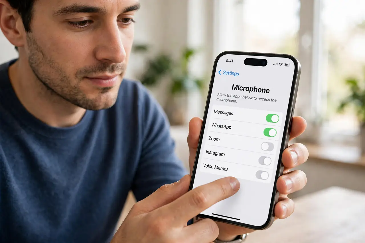 A person calmly performing the guide's first step: Open microphone permissions.