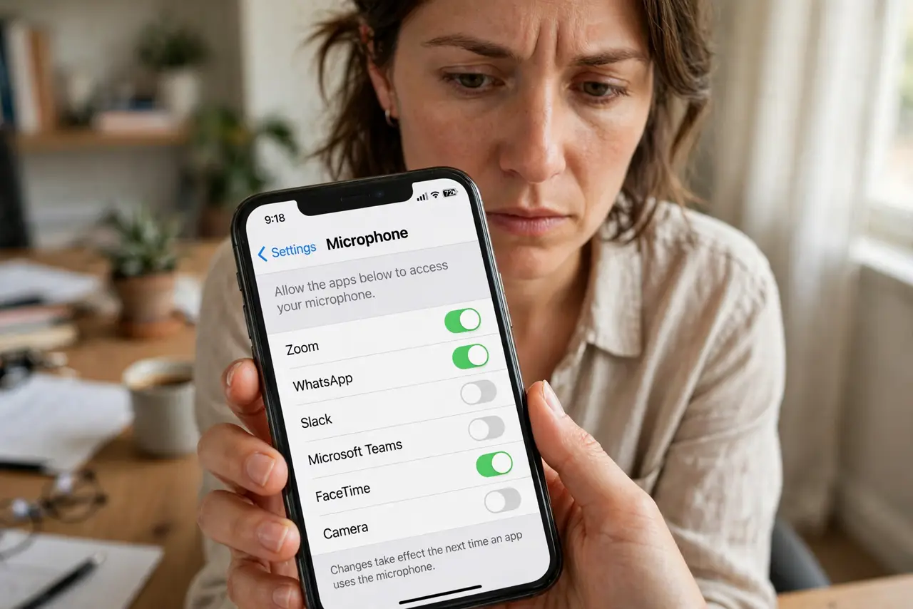 a person reviewing microphone permissions on a real phone showing a legible list of apps, the person's face serious, home office. No black screen, no blank white screen, no fake or.