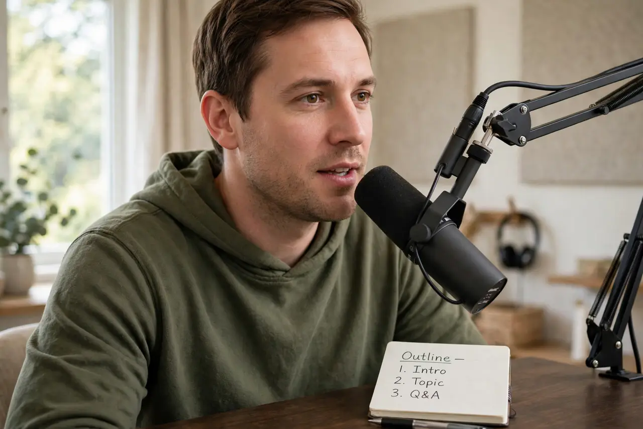 a person speaking into a real microphone on a boom arm positioned near their mouth, desk clear below, the person's face engaged, podcast-style home studio.