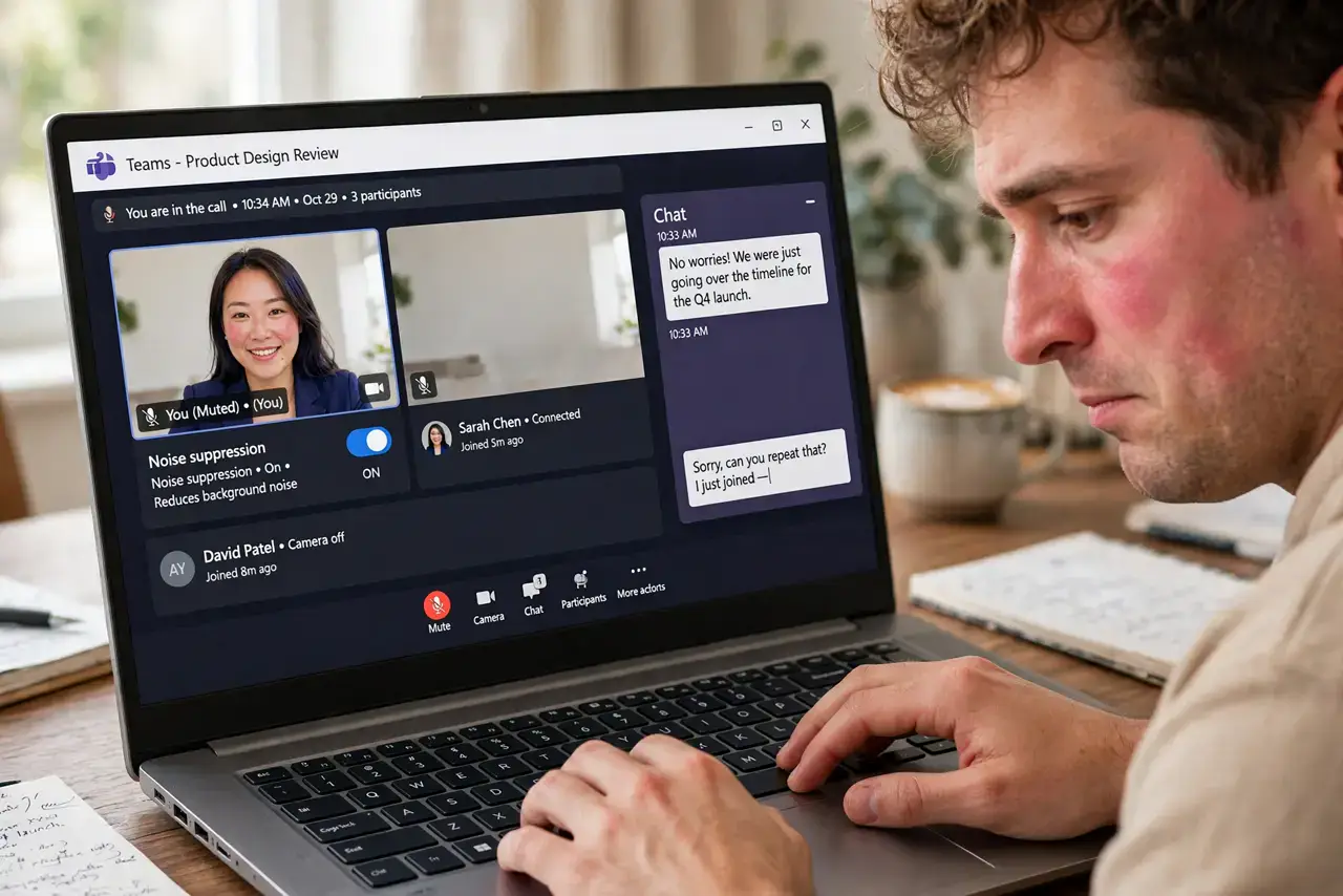 Mic Picks Up Every Keystroke — a self-conscious adult on a real laptop video call while typing, the screen showing the call interface with le