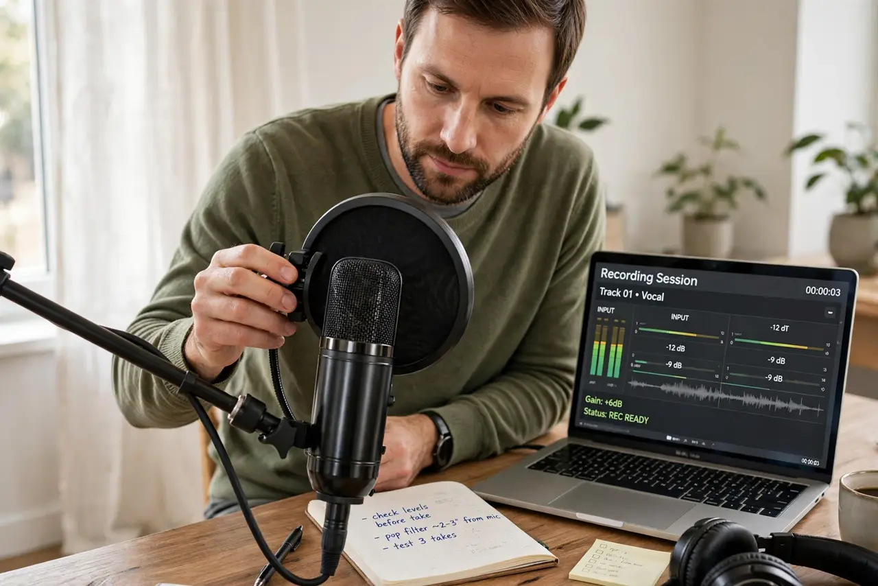 A person performing step 1 of the guide: Mount the filter two to three inches from the mic. Clamp or hold the pop filter about two to three inches in front of the microphone...