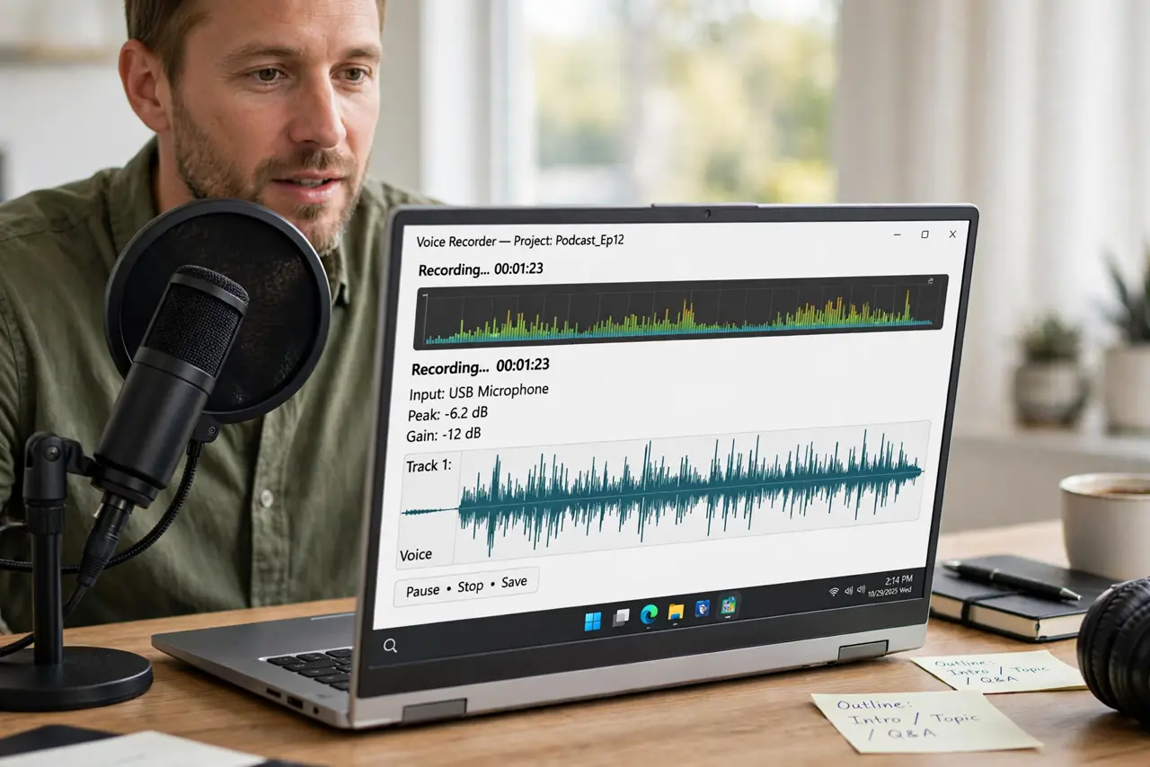 a calm adult speaking into a real microphone with a round pop filter positioned in front of it on a desk, the recording software screen showing normal levels with legible text
