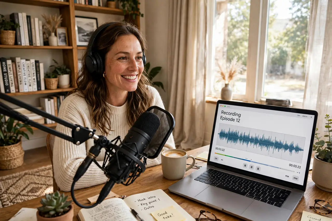 a person recording in a real home office with curtains, rug, and bookshelf softening the room, microphone on desk, the person's face pleased with the sound, warm light.
