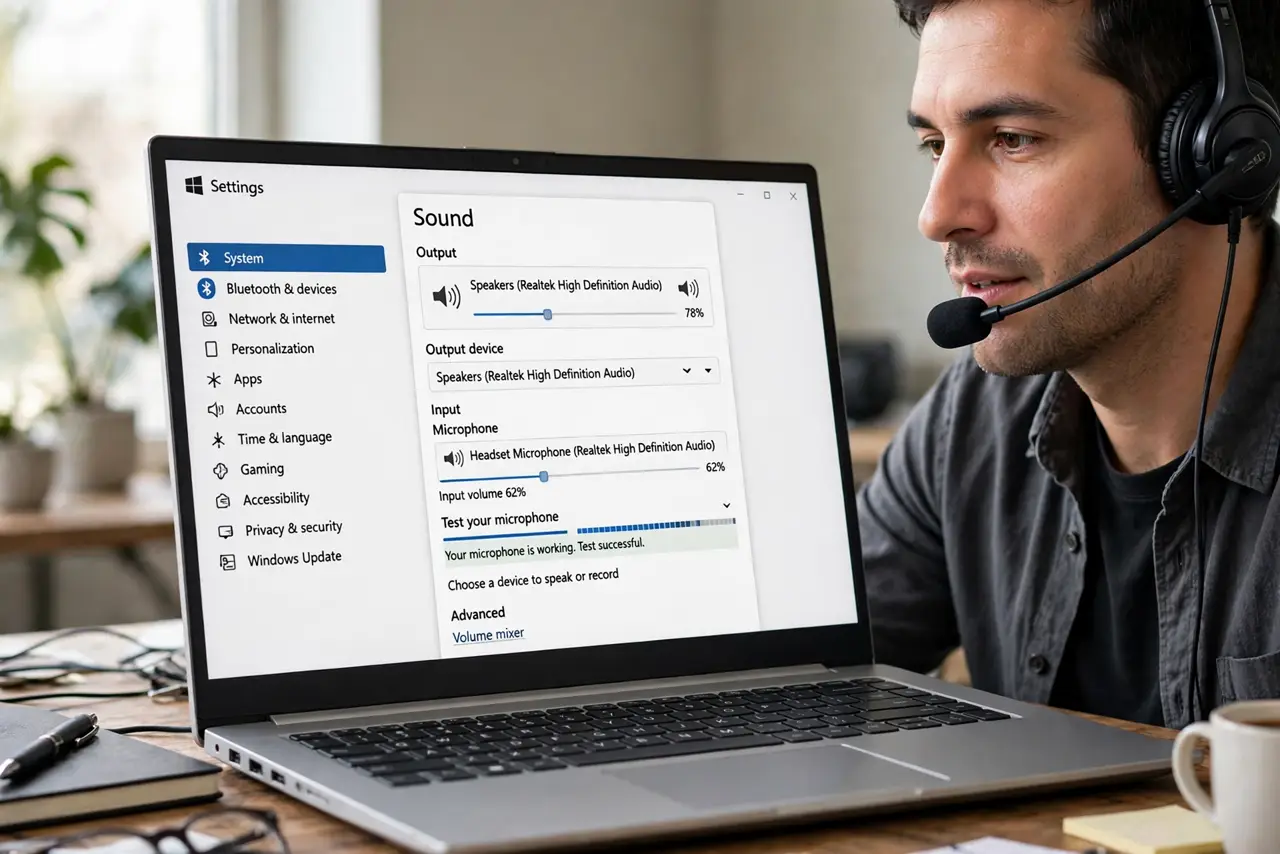 a calm adult speaking into a real headset microphone beside a real Windows laptop on a desk, the Windows Sound settings screen clearly visible and legible on the real laptop screen.