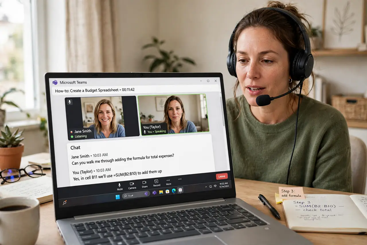 a person on a real video call wearing real headphones with a microphone boom near their mouth, a real laptop showing the call interface legibly, the person's...