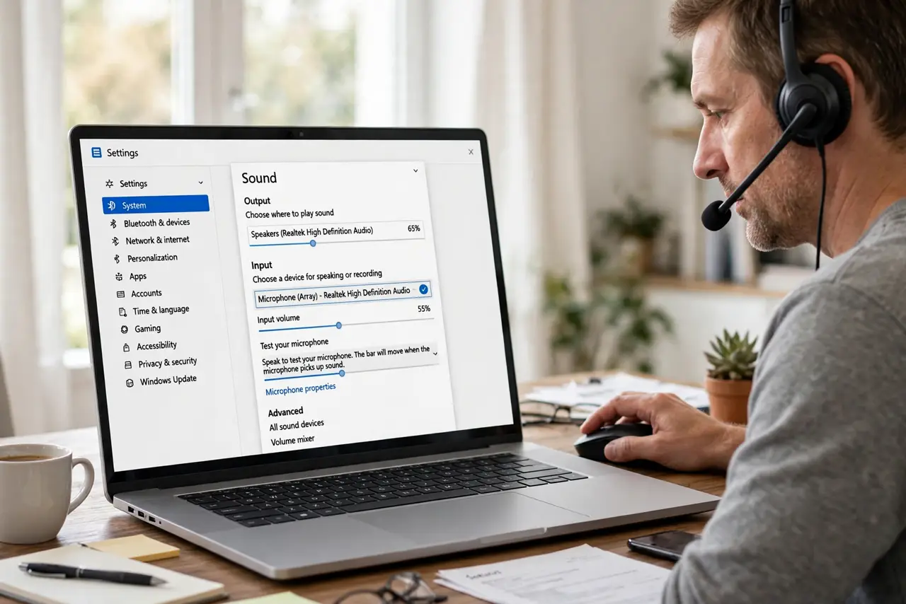 An adult selecting the correct input microphone in Windows Sound settings.
