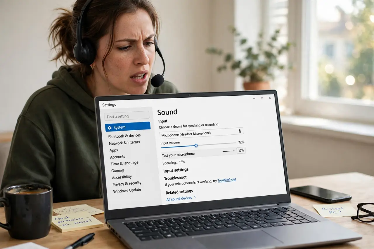 A frustrated adult speaking into a headset microphone that Windows barely picks up.