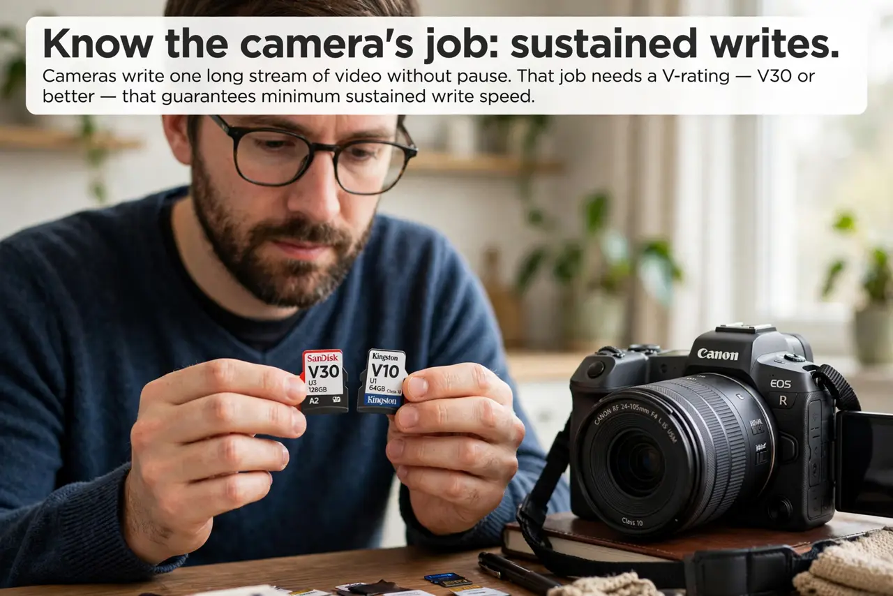 A person performing step 1 of the guide: Know the camera's job: sustained writes. Cameras write one long stream of video without pause. That job needs a V-rating — V30 or better...