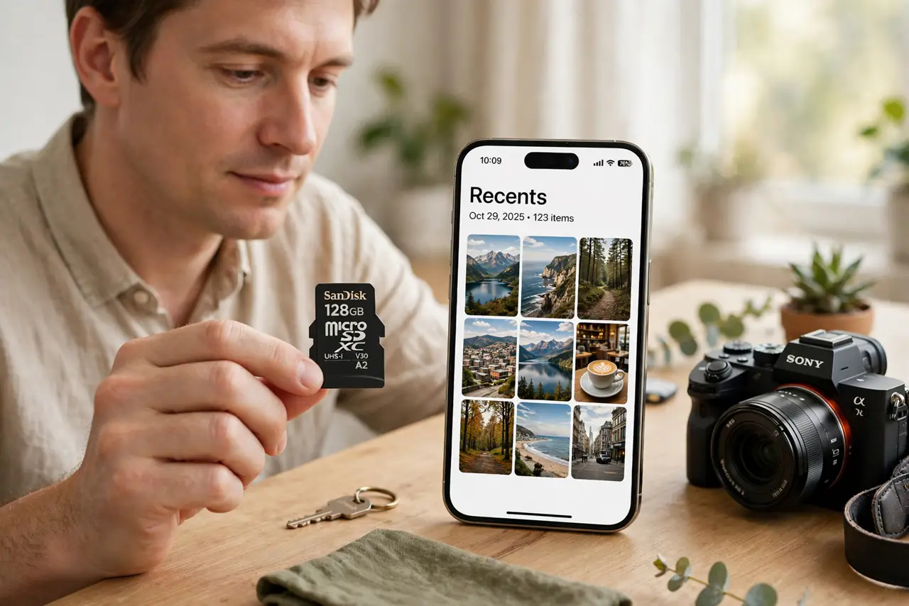 a calm adult holding a real microSD card beside a real camera and a real phone on a table, the card markings clearly visible and legible